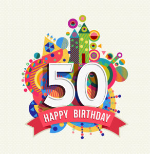 Happy Birthday fifty 50 year fun design with number, text label and colorful geometry element. Ideal for poster or greeting card. EPS10 vector.